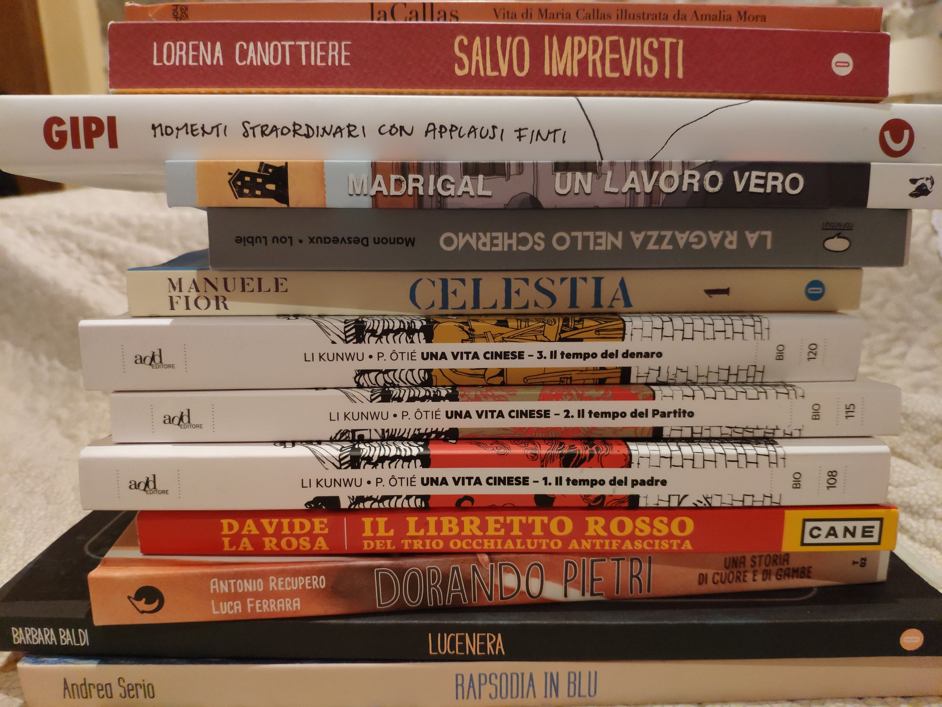 Mio Caro Fumetto - Lucca Comics & Rain 2019 - Tutti i miei tesori in bella mostra. Dall'alto: laCallas, Salvo Imprevisti, Momenti straordinari con applausi finti, Un lavoro vero, La ragazza nello schermo, Celestia, Una vita cinese volumi 3-2-1, Il libretto rosso del trio occhialuto antifascista, Dorando Petri, Lucenera, Rapsodia in blu.