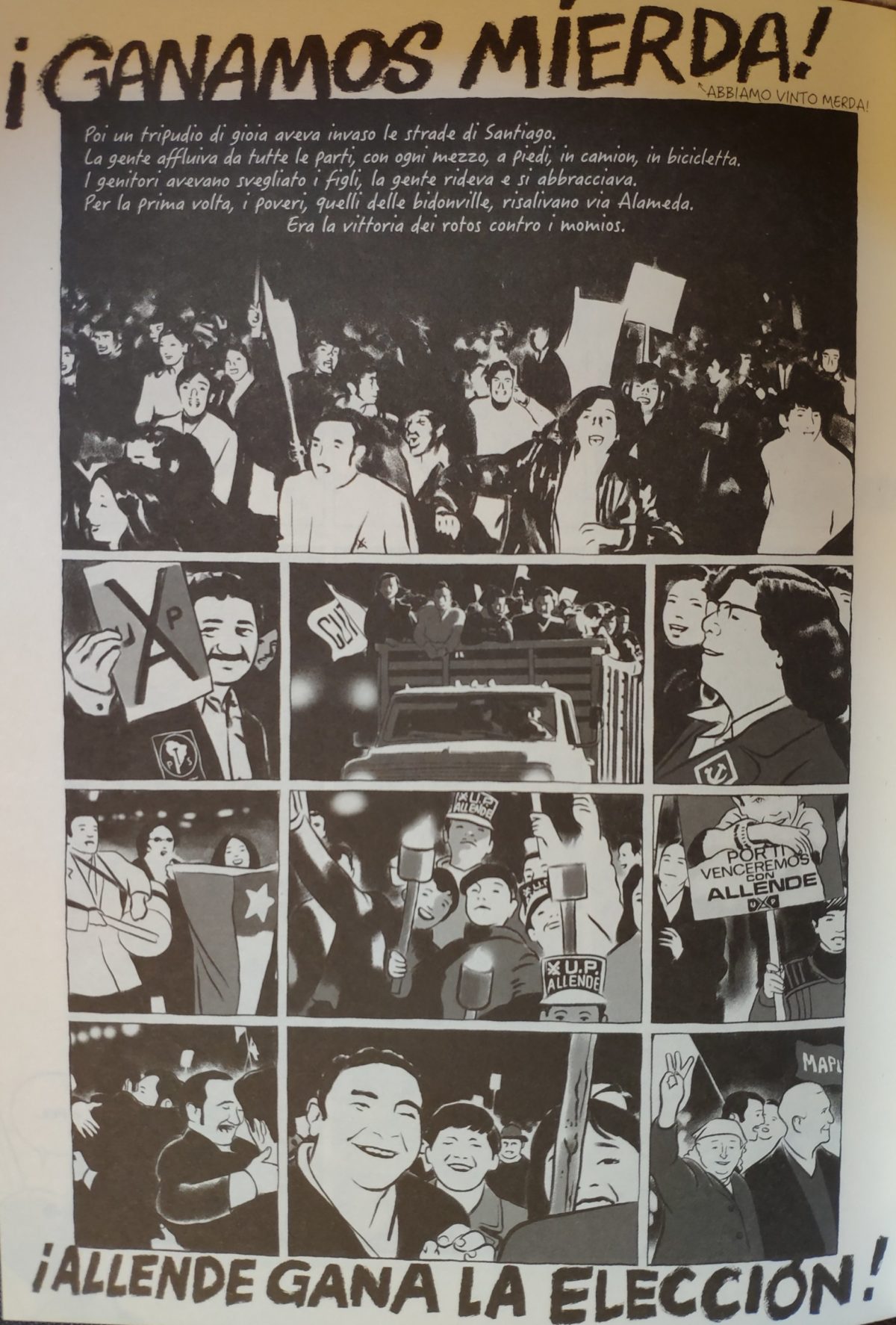 Mio caro fumetto... - Tavola di Là dove finisce la terra che raffigura la gente che festeggia in strada per la vittoria di Salvador Allende alle elezioni del 1970.